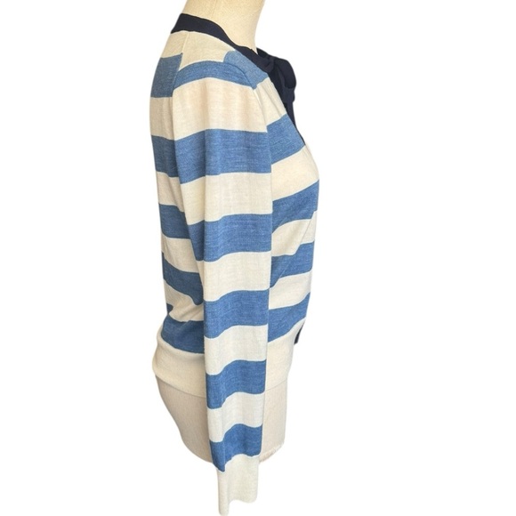 J. Crew Jackie Tie-Neck Striped Merino Wool Cardigan Ivory & Lagoon Blue Medium - Picture 6 of 11